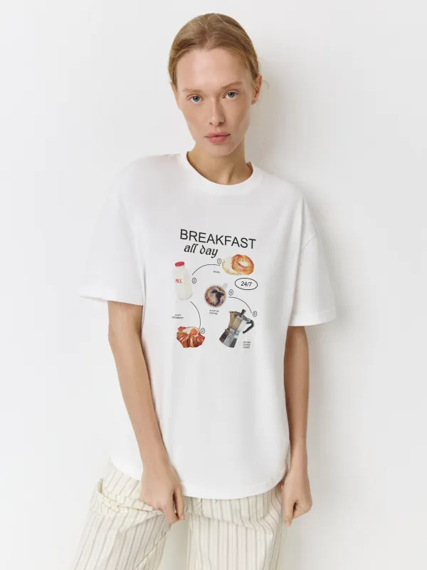Әйелдер футболкасы, өлшемі L, мақта, сүт түстес, Breakfast all day, Limva, image-0