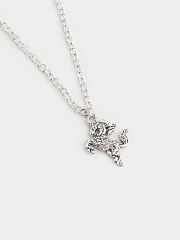 Шынжыр, 49 см, аспасы бар, металл/страздар, күміс түстес, Жылқы, Jewelry horse, image-1