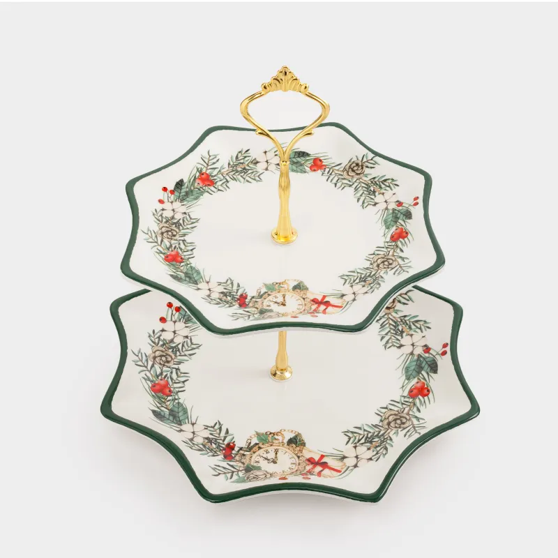 Подставка для пирожных, 25х20/24 см, 2 яруса, керамика D/металл, Венок и часы, Christmas green, image-1