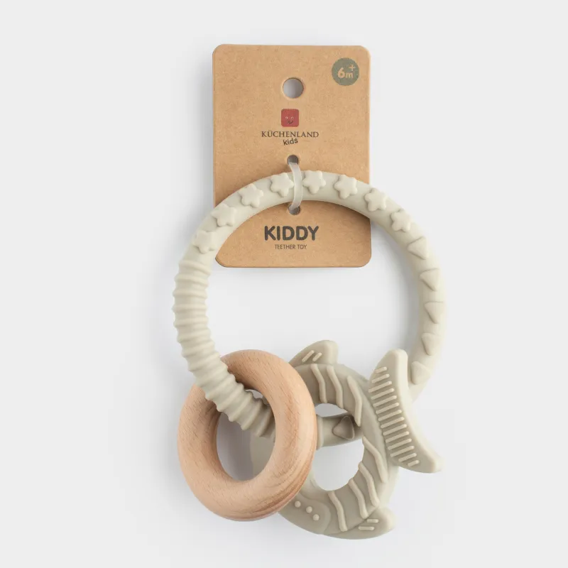 Тіс тазалағыш ойыншық, 2 кулон, сақинада, силикон/ағаш, сұр, Балық және сақина, Kiddy, image-6