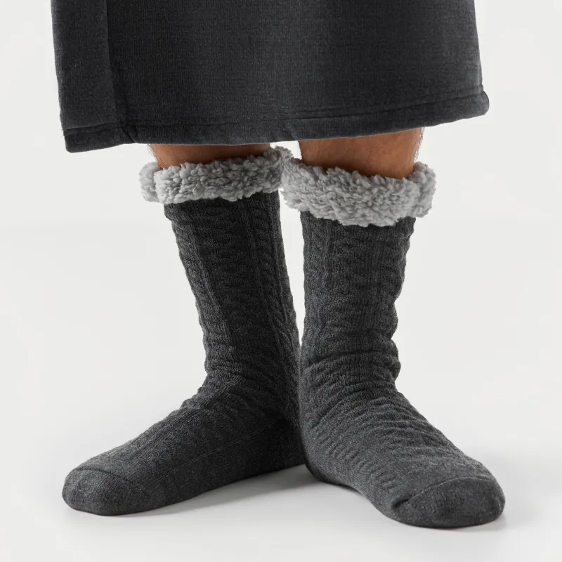 Носки мужские, домашние, акрил/шерпа, черные, Косы, Knitted soft