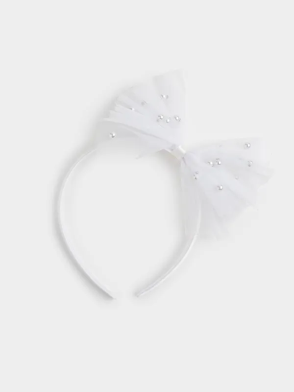 Ободок для волос, 12х14 см, детский, пластик/полиэстер, белый, Бант с бусинами, Hairstyle, image-0