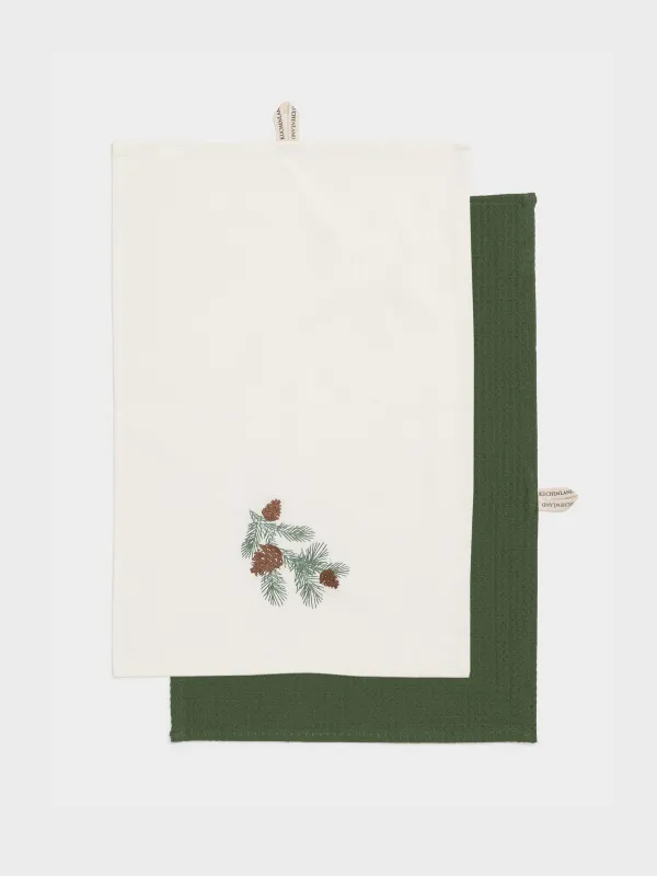 Асүйлік сүлгі, 40х60 см, 2 дана, мақта, сүтті/жасыл, Бұтақтағы шырша бүршіктері, Conifer, image-0