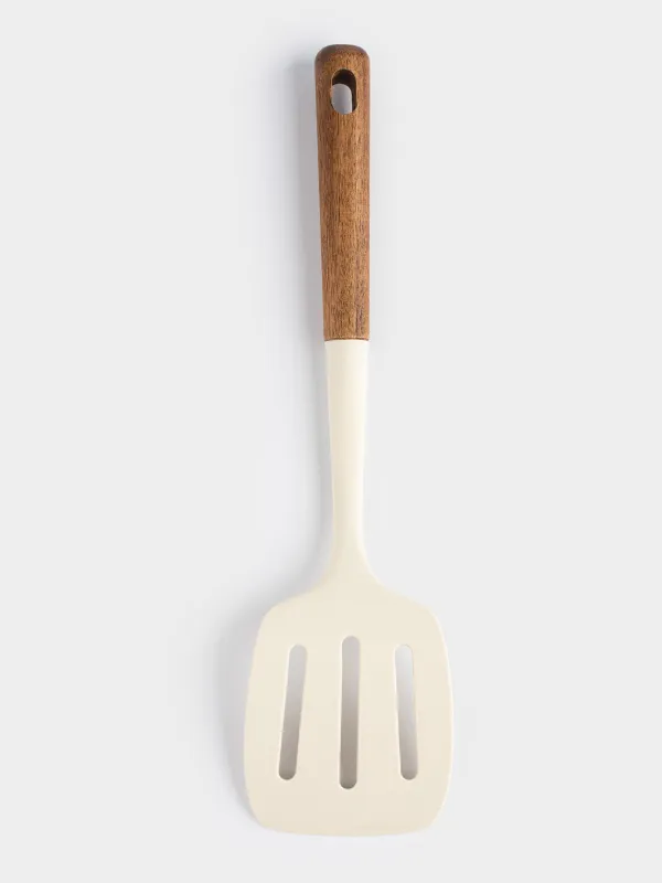 Лопатка, 33 см, с прорезями, силикон/дерево, бежевая, Lemsen, image-1