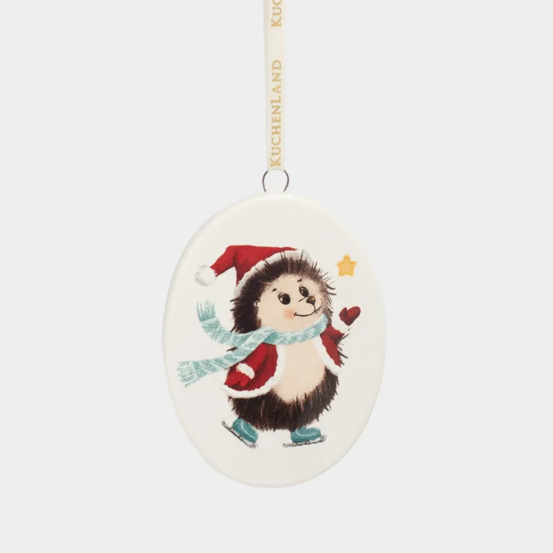 Шырша ойыншығы, 8 см, керамика, ақ, Коньки киген кірпі, Hedgehog christmas