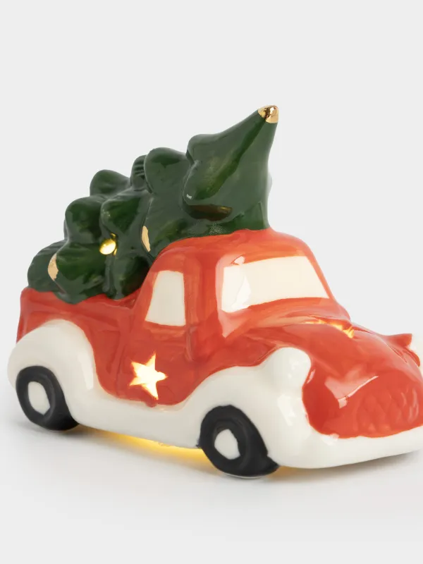 Статуэтка с подсветкой, 8 см, фарфор P, красно-зеленая, Машина с елкой, Red car, image-3