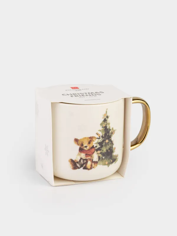 Кружка, 400 мл, фарфор N, бело-золотистая, Олененок и мишка у елки, Christmas friends, image-4