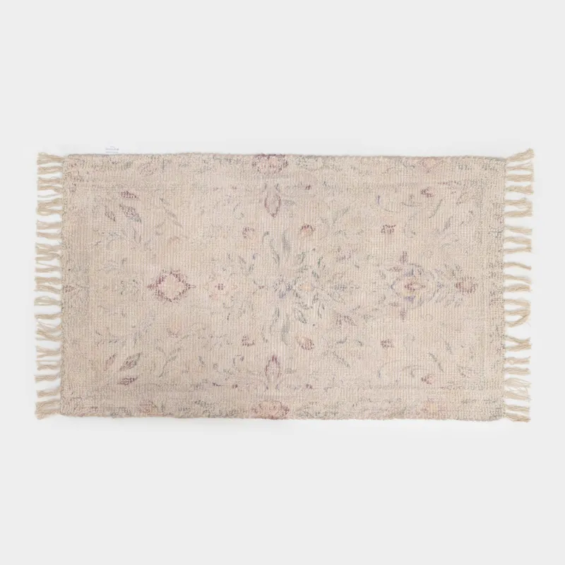 Кілем, 70x115 см, шашақты, мақта/полиэстер, бежевый түсті, гүлдер, Print