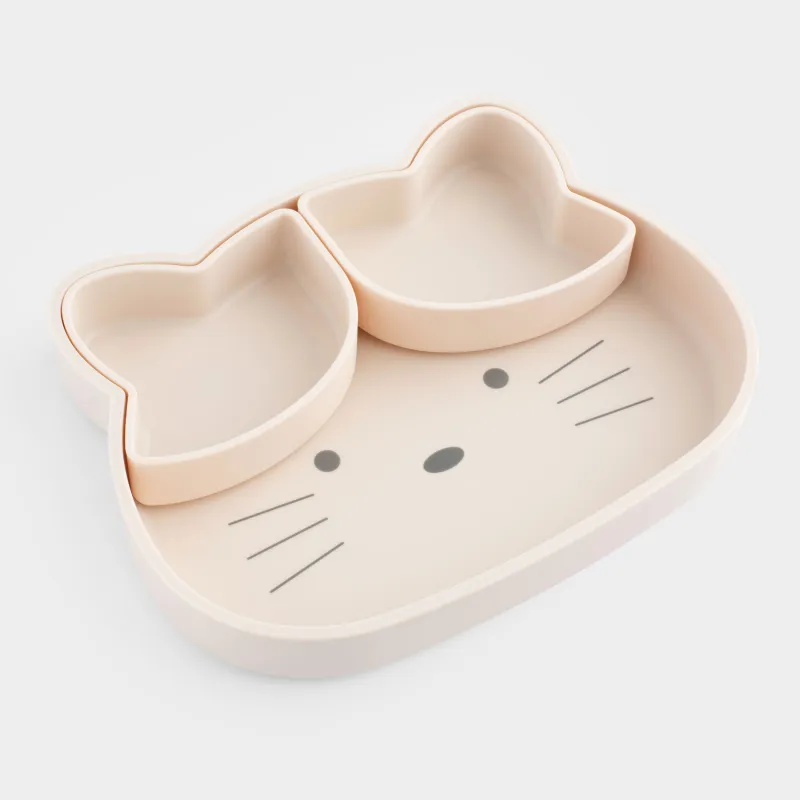 Набор посуды, детский, 1 перс, 3 пр, силикон, бежевый, Кошка, Kiddy, image-1