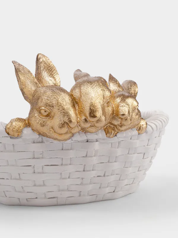 Кәмпит ыдысы, 27х16 см, полирезин, ақ және алтын түстес, Себеттегі қояндар, Rustic Easter, image-3