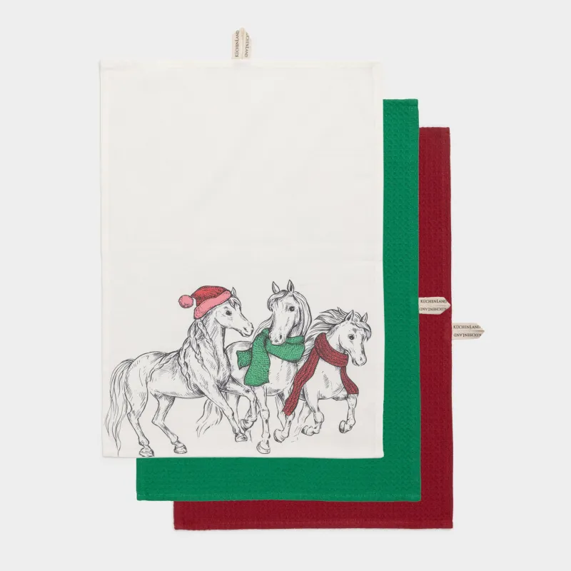 Полотенце кухонное, 40х60 см, 3 шт, хлопок, молочное/зеленое/красное, Графичные лошади, Horse trio