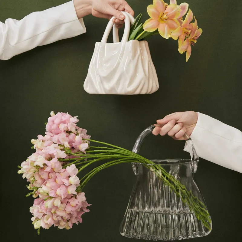 Гүл вазасы, 20х22 см, сәндік, керамика, сүт түстес, Мыжылған әсер, Сөмке, Crumple, image-6