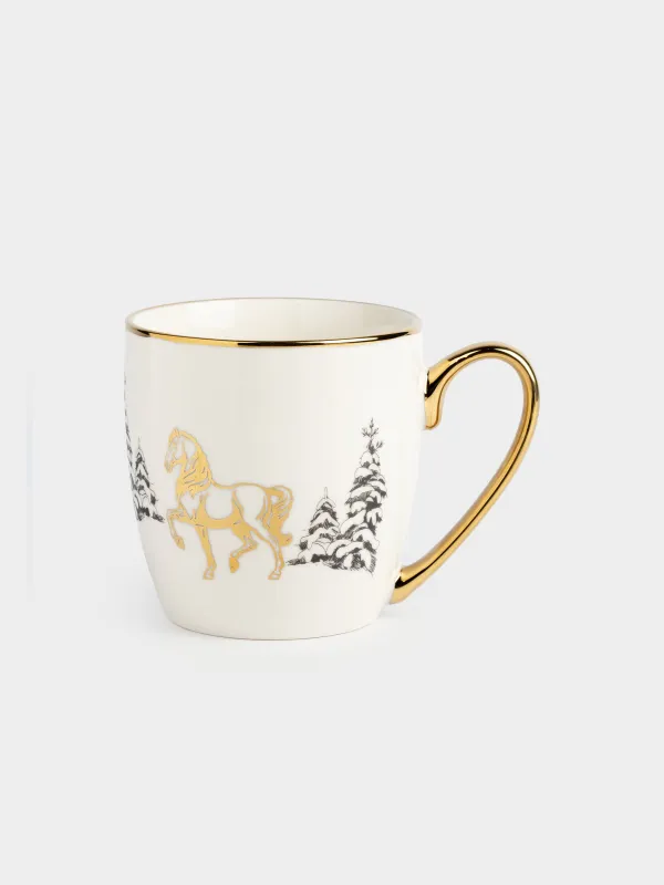 Кружка, 500 мл, фарфор N, бело-золотистая, Лошадь в снежном лесу, Horse gold, image-0
