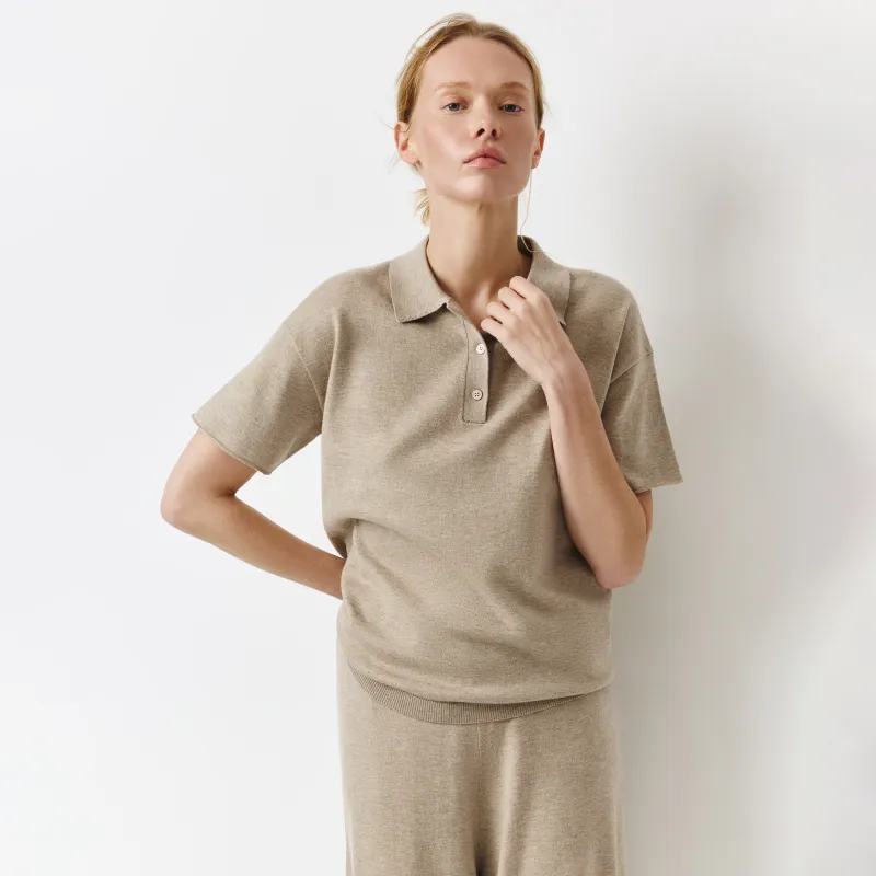 Әйелдер жемпірі, өлшемі L, поло жағасы бар, полиэстер/акрил/нейлон/жүн К, сарғылт-қоңыр, Agueda