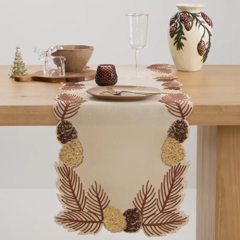 Дорожка настольная, 40х160 см, полиэстер, бежевая, Шишки на ветках, Conifers
