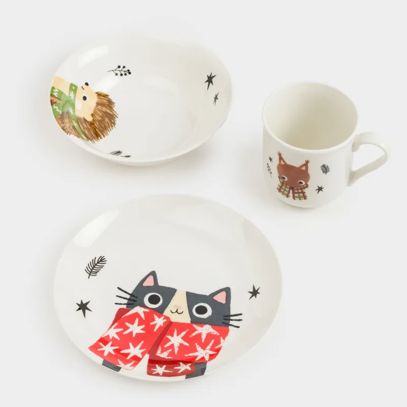 Набор посуды, детский, 1 перс, 3 пр, фарфор N, белый, Животные в шарфах, Forest animals, image-13