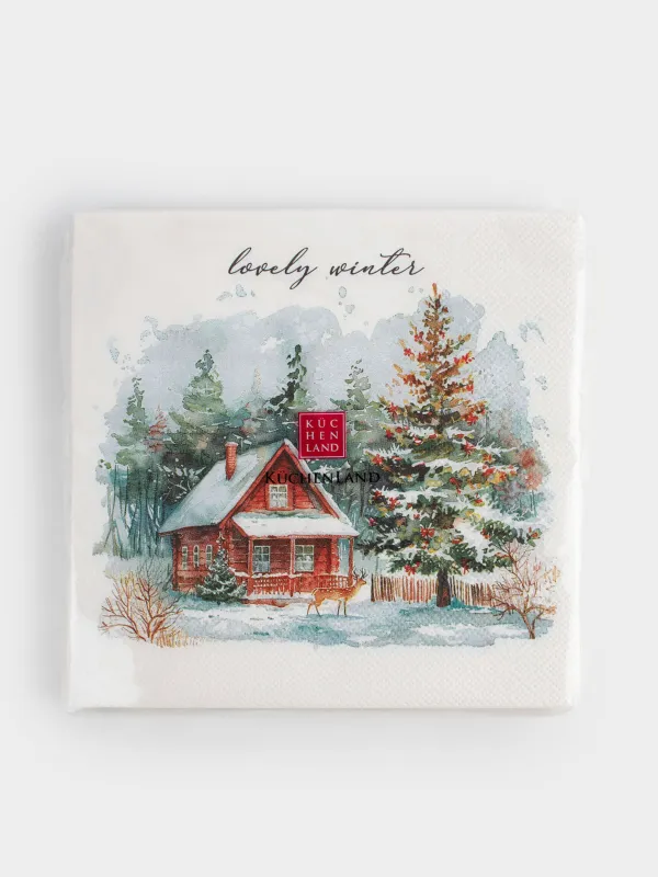 Салфетки бумажные, 33х33 см, 20 шт, квадратные, белые, Дом и олень, Winter house, image-4