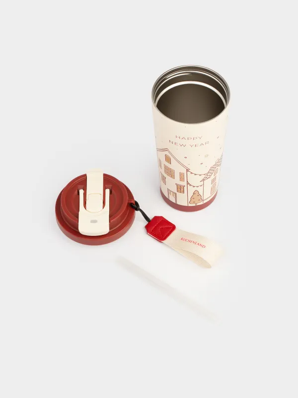 Термокружка, 500 мл, клапан/трубочка, с ремешком, сталь/пластик, бежево-красная, Ballad, image-5