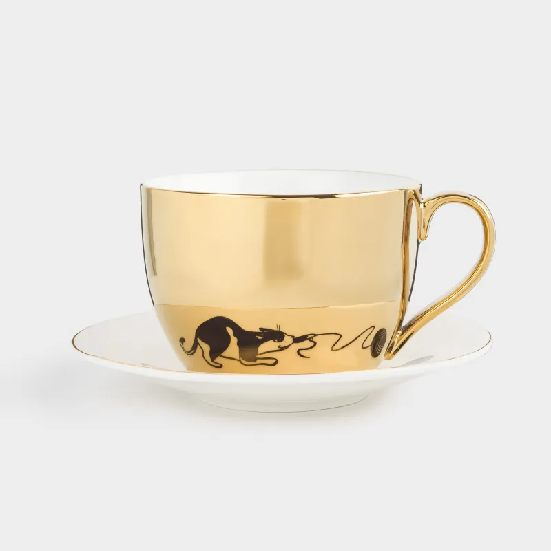 Таңғы асқа арналған шай жұбы, 1 адам, 2 зат, 500 мл, фарфор Р, алтын ақ, Мысық, Cat, image-3