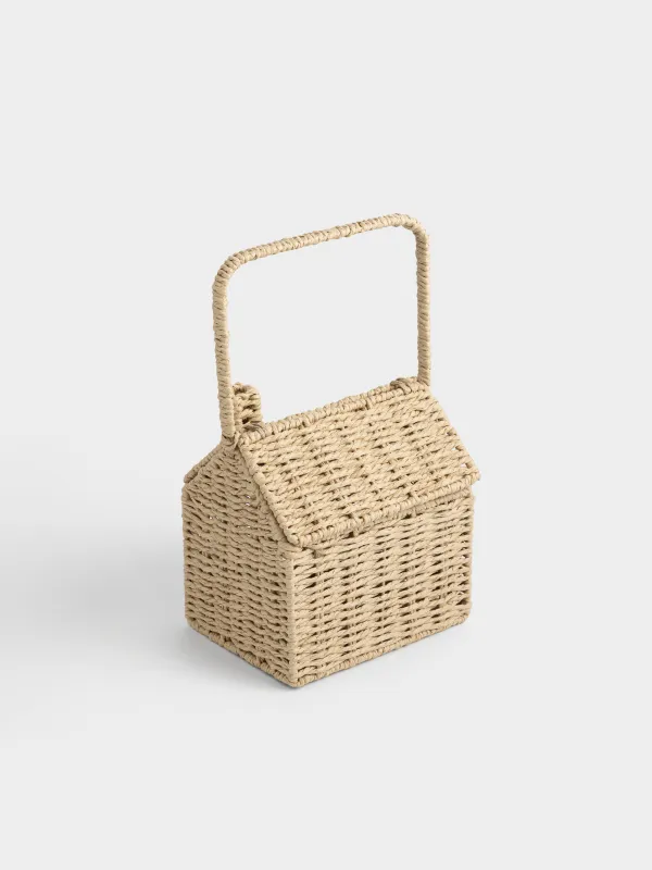 Корзина для хранения, 20х15 см, плетеная, с ручкой, с крышкой, целлюлоза, Дом, Braided, image-4