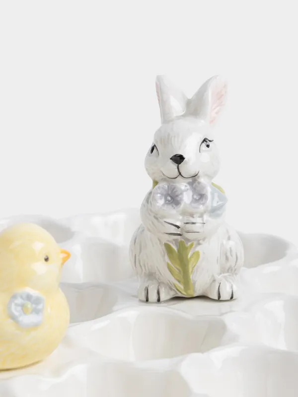 Пасха ыдысы, 27x12 см, 17 бөлім, керамика, сүт түстес, Гүлдер арасындағы қоян мен балапан, Easter, image-1