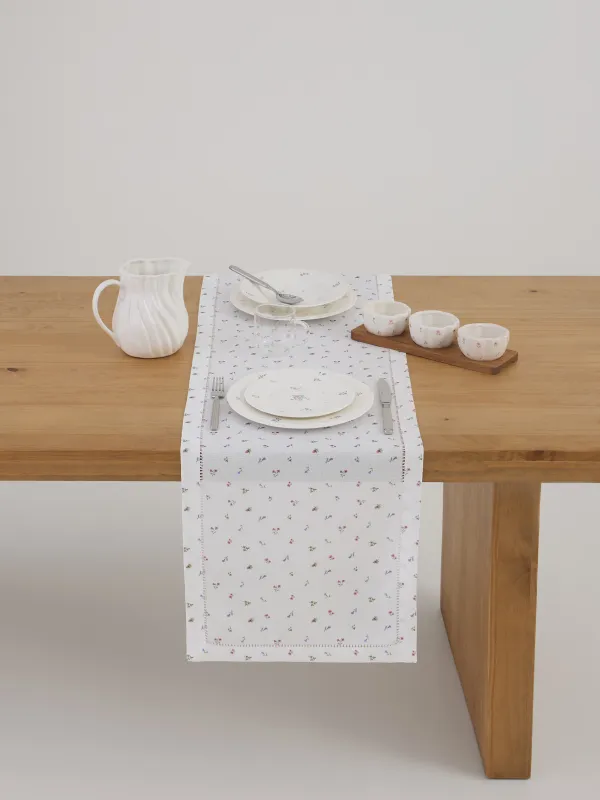 Үстел төсеніші, 40х160 см, полиэстер, сүт түстес, Гүлдер, Hemstitch floria, image-1