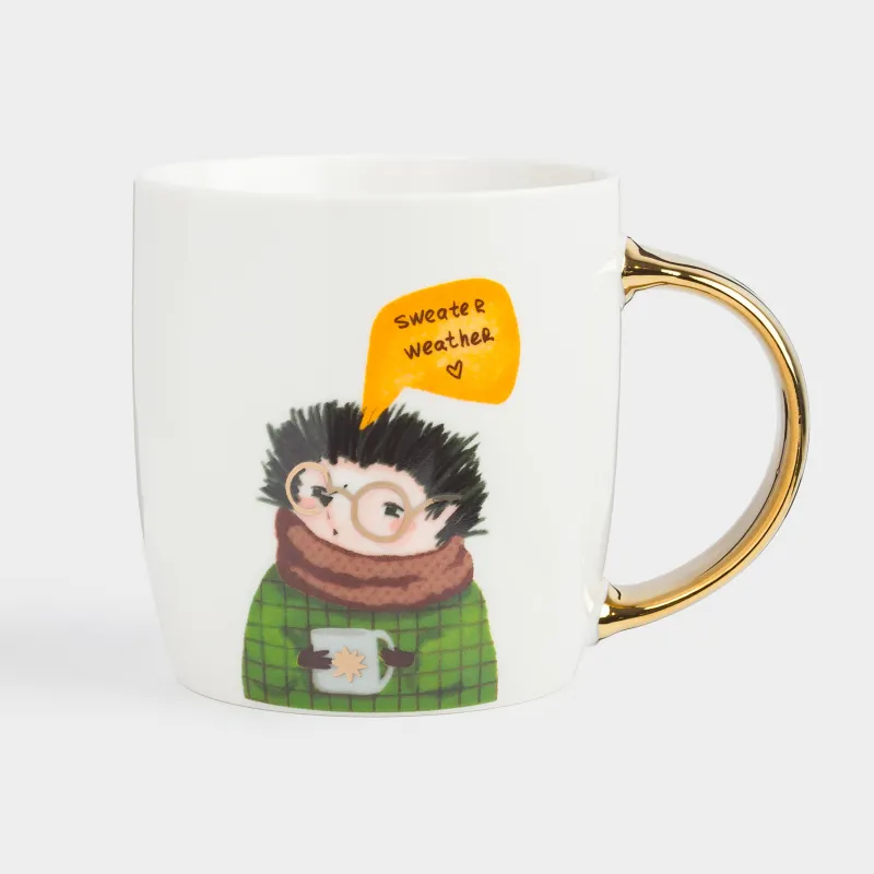 Кружка, 380 мл, фарфор N, бело-золотистая, Енот и еж, Forest animals