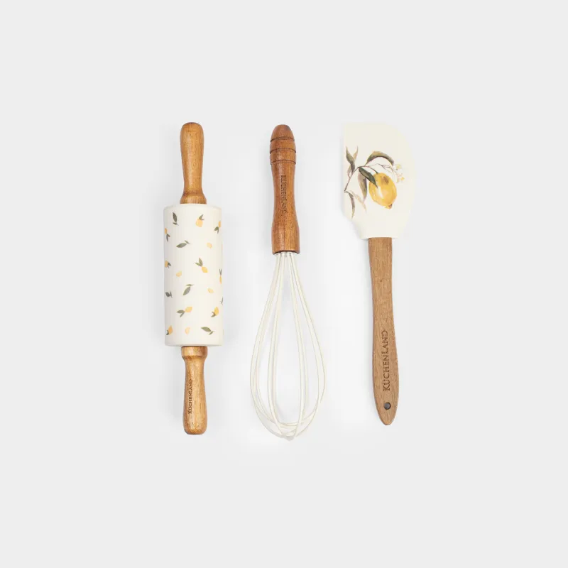 Набор для выпечки, 3 пр, лопатка/венчик/скалка, силикон/дерево, голубой/желтый, Лимоны, Sicily