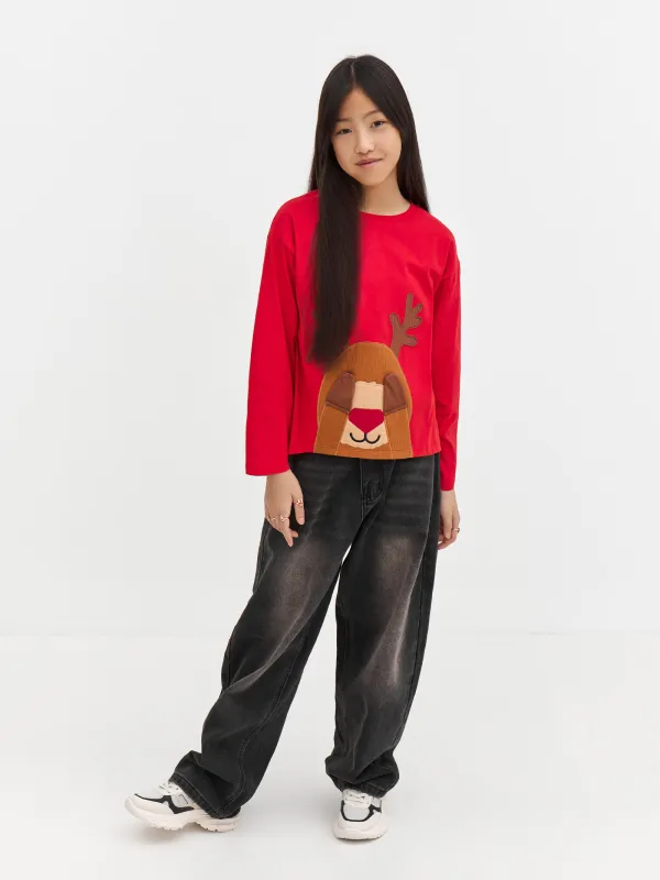 Балаларға арналған лонгслив, өлшемі 104 см, мақта, қызыл, Бұғы, Amelia, image-0