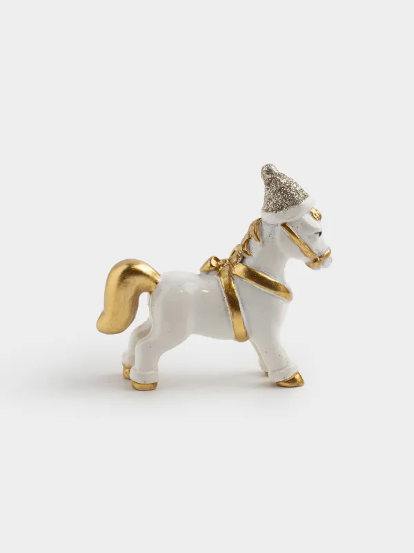 Мүсінше, 8 см, полирезин, сүт және алтын түстес түстес, Қалпақ киген жылқы, Horse christmas, image-3