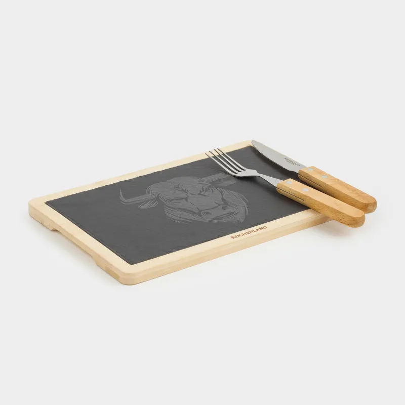 Набор для подачи стейка, 1 перс, 3 пр, сталь/сланец/бамбук, Бык, BBQ