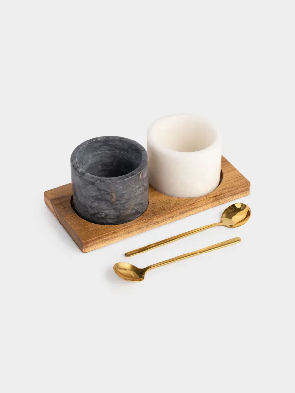 Емкость для специй, 6 см, 2 шт, с ложками, на подставке, мрамор/дерево, Marble, image-1