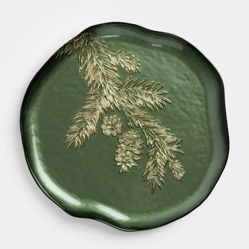 Блюдо, 28х2 см, стекло, зеленое, Еловая ветка, Brumal