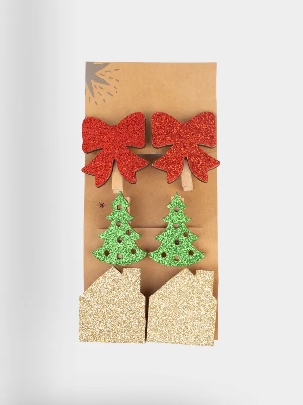 Сәндік қыстырғыш, 5 см, 6 дана, ағаш, жылтырақтары бар, Мерекелік атрибуттар, Figure wood, image-3