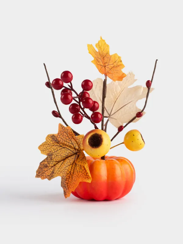 Композиция декоративная, 15 см, пенопласт/пластик, Букет в тыкве, Forest symphony decor, image-0