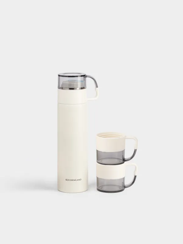 Набор для напитков, 3 перс, 4 пр, дорожный, термос, 450 мл, сталь/пластик, молочный, Electrum, image-0