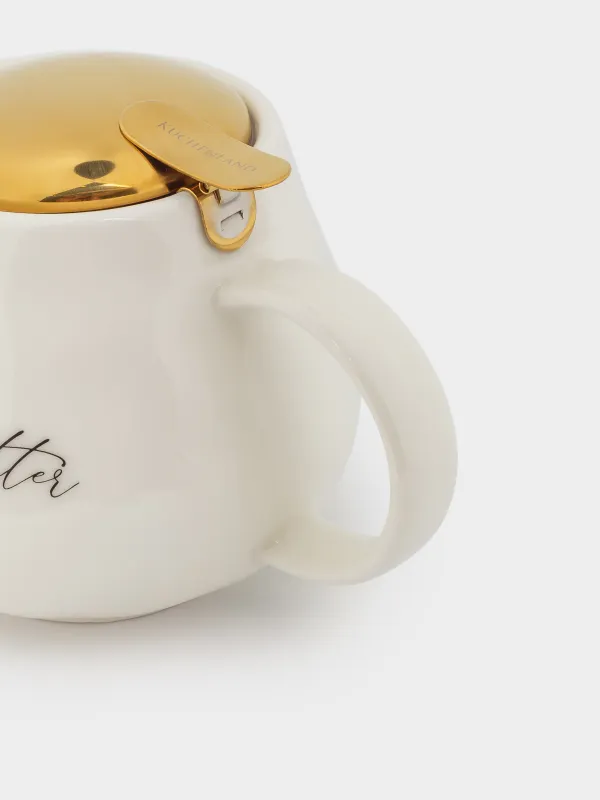 Чайник заварочный, 500 мл, фарфор P/сталь, молочно-золотистый, Мятый эффект, Crumple kitchen, image-2