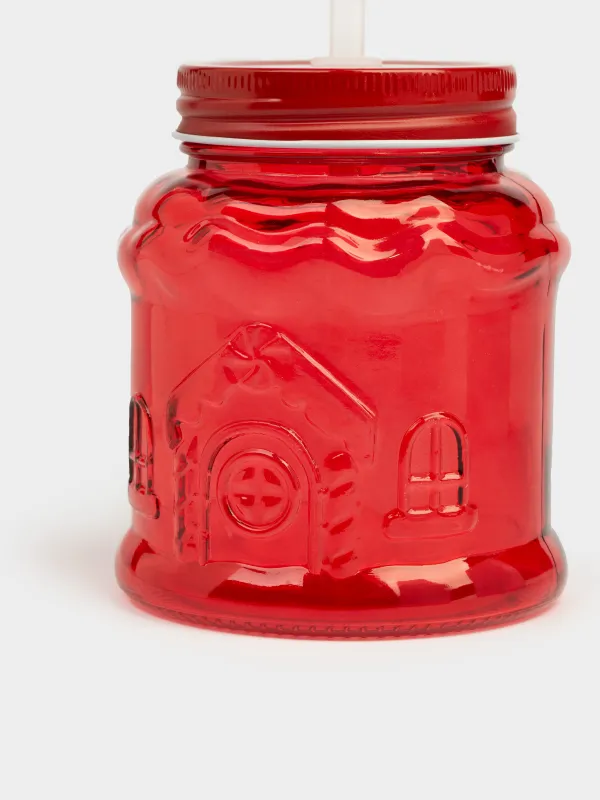 Банка для напитков, 600 мл, с крышкой и трубочкой, стекло, красная, Домик, Christmas house, image-2