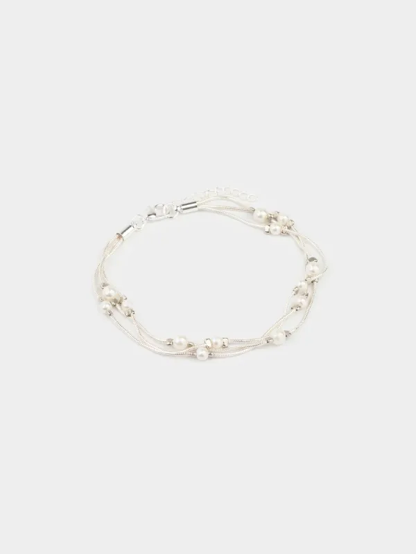 Білезік, 18 см, үштік, металл / пластик, күміс, моншақтар, Pearl, image-2