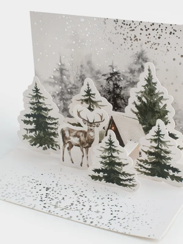 Сыйлық ашықхаты 3D, 13х18 см, қағаз, ақ, Ормандағы бұғы, Snowy house, image-5