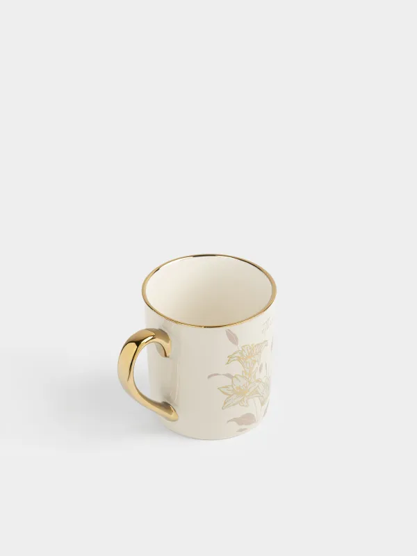 Кружка, 300 мл, фарфор N, бело-золотистая, с золотистым кантом, Лилии, Flower gold, image-1