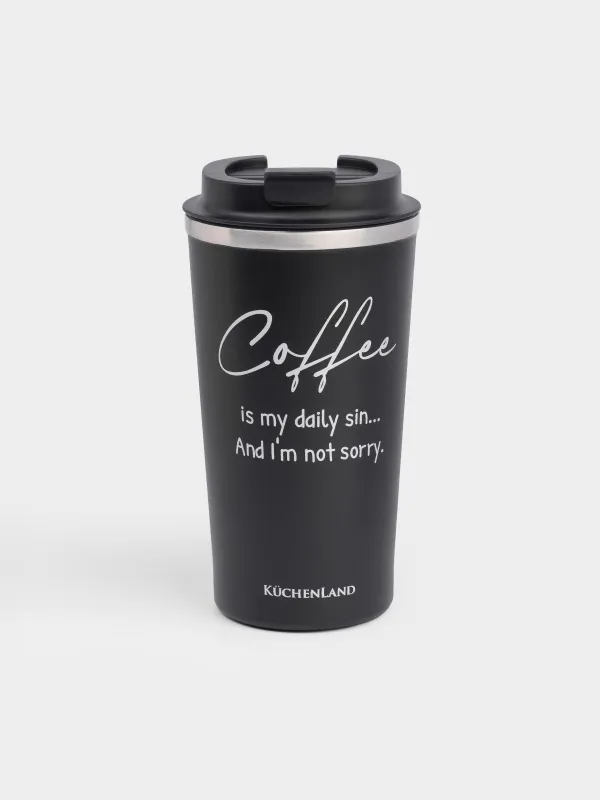 Термо саптыаяқ, 450 мл, болат/пластик, қара, жазуы бар, Coffee time, image-0