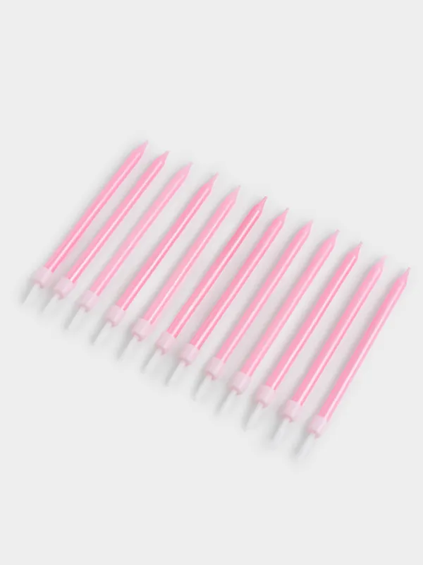 Тортқа арналған шам, 10 см, 12 дана, жіңішке, қызғылт, туған күн кеші, image-1