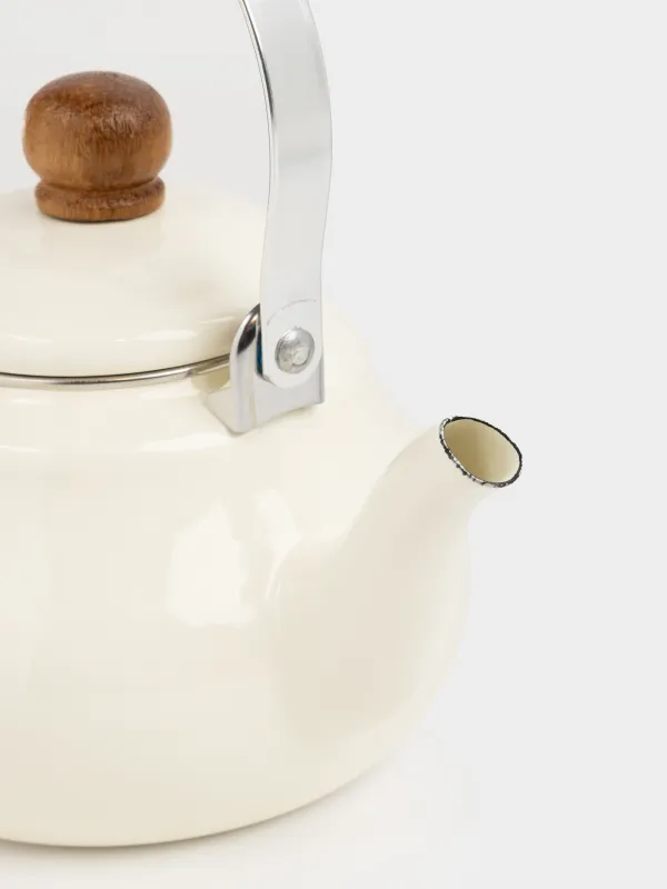 Шайнек, 1,2 л, ысқырығы бар, эмальданған металл/ағаш, сүт түстес, Жылқы, Emamel, image-1