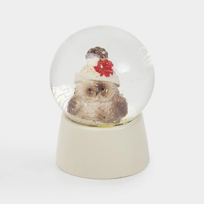 Қарлы шар, 6 см, шыны/полирезин, сүт түстес, Бас киім киген үкі, Forest animals