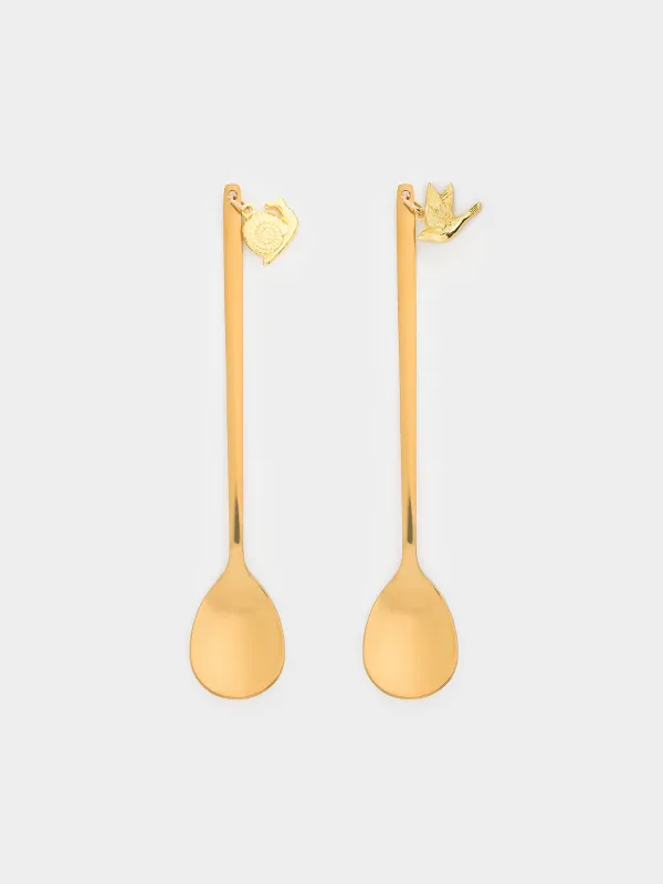 Ложка десертная, 13 см, 2 шт, сталь, золотистая, Птица/Улитка, Tale garden, image-0