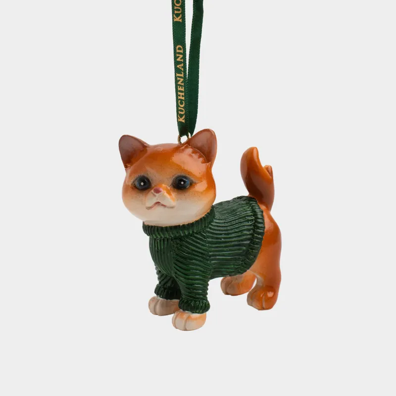 Шырша ойыншығы, 8 см, полирезин, қоңыр-жасыл, Свитер киген мысық, Figure christmas