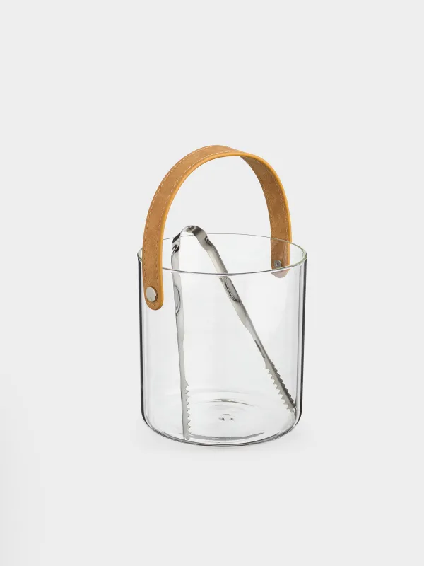 Ведро для льда, 14 см, с ручкой и щипцами, стекло/искусственная кожа, Clear devo, image-1