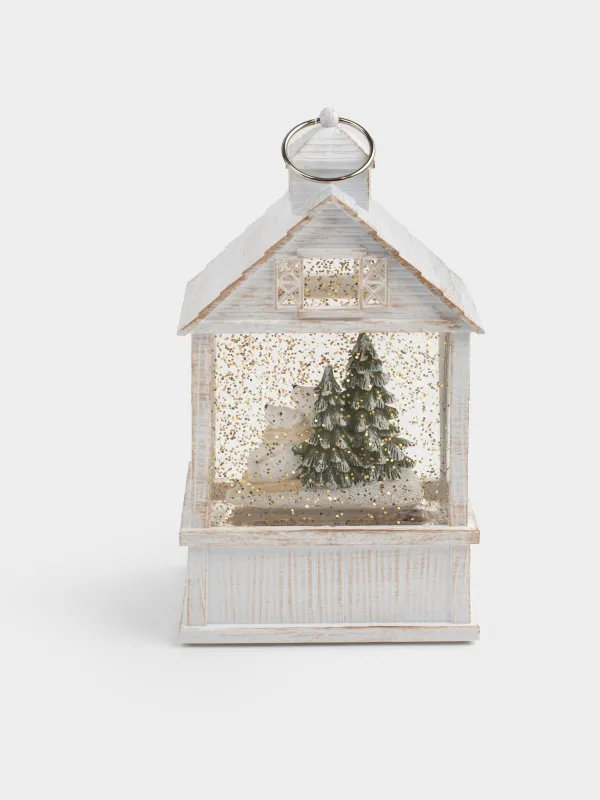 Снежный фонарь, 17 см, с подсветкой, пластик, белый, Мишка в домике, White style, image-1