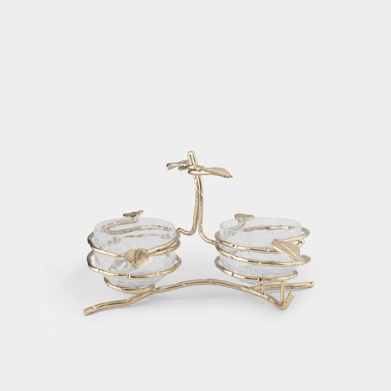 Подставка для закусок, 26х17 см, 2 пр, с ручкой, стекло/металл, Ветви, Fantastic gold